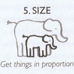 2 unterschiedlich große Elefnaten mit der überschrift "Size". Unter den beiden Elefanten steht "Get things in proportion"