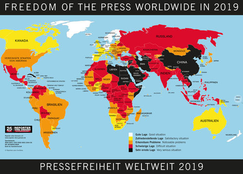 Weltkarte, auf der die Pressefreiheit in verschiedenen Ländern dargestellt wird.