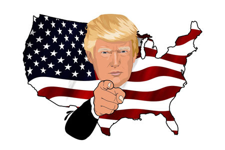 Illustration von Donald Trump als Onkel Sam: Die amerikanische Flagge ist als Umriss der USA gezeichnet, Donald Trump schaut aus der Karte den Betrachter an und zeigt mit dem Finger auf ihn.
