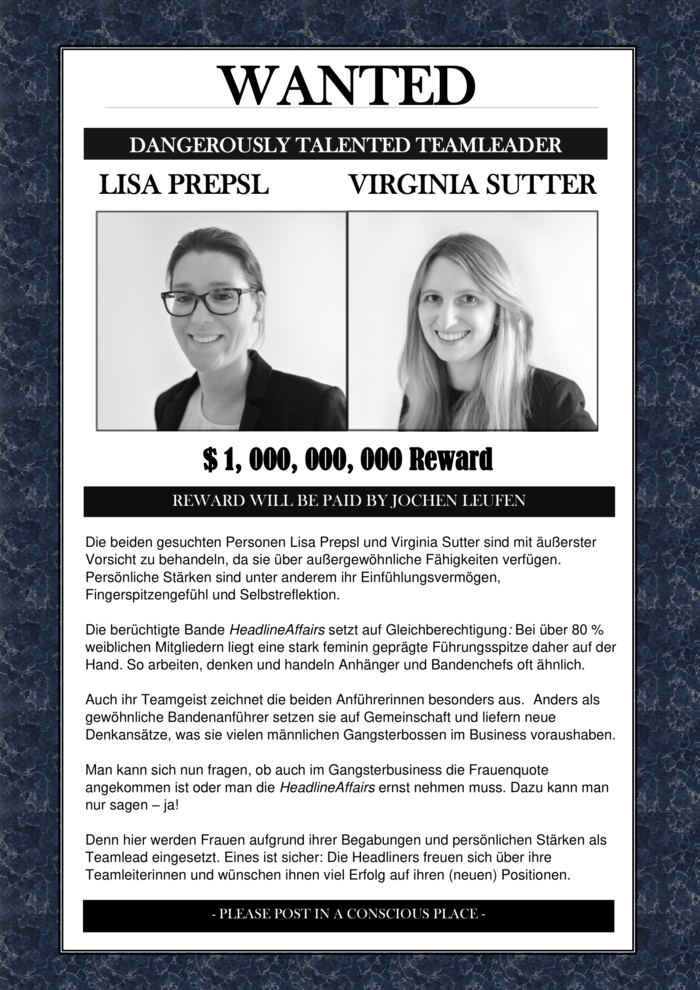 Ein Wanted Schild mit den Bildern von Lisa Prepsl und Virginia Sutter, sowie einem erklärenden Text.