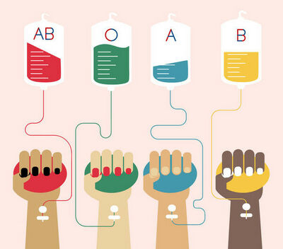 Die Grafik zeigt vier Hände, die nebeneinander bei der Blutspende sind. Die Hände sollen durch ihr unterschiedliches Aussehen beschreiben, dass Blutspenden für alle ist, egal woher jemand kommt.