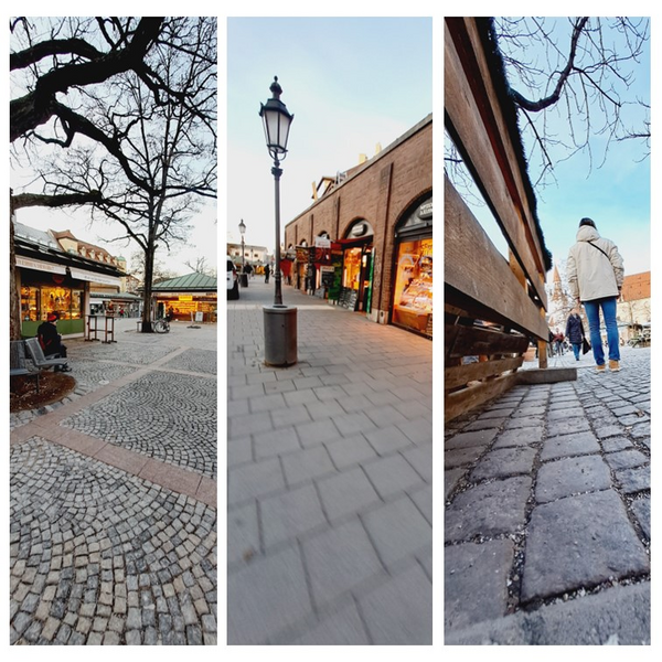 Ein Collage bestehend aus drei Bildern vom Münchner Viktualienmarkt. Auf dem rechten Bild sieht man Marco im Hintergrund mit dem Rücken zur Kamera gedreht.