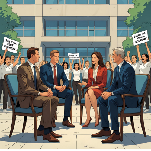 Die Illustration zeigt vier Menschen im Anzug, die in einem Stuhlkreis sitzen und eine Diskussion führen. Im Hintergrund sind jubelnde Menschen mit Schildern zu sehen